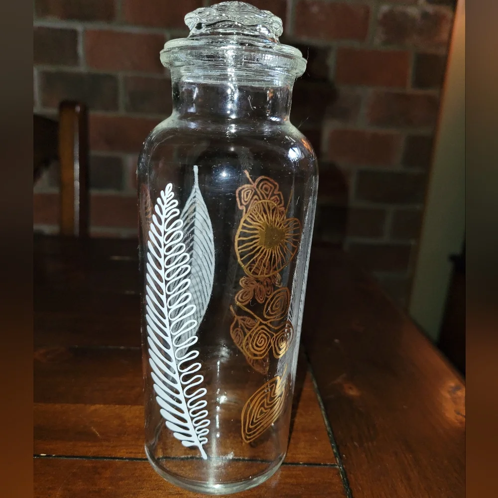 Mid Century Modern Federal Glass Apothecary Jar w/ Gold & White Printed Design